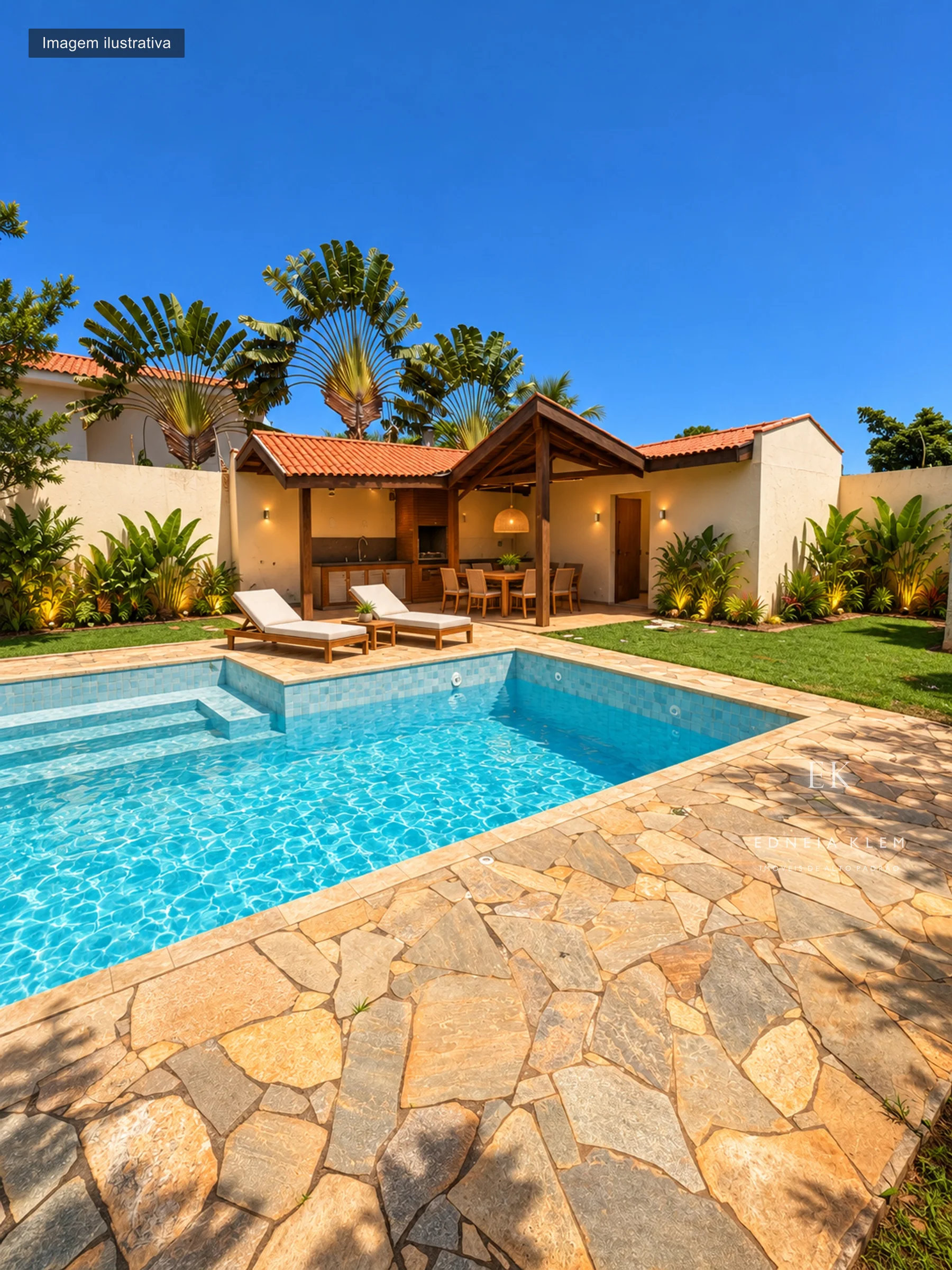 Área gourmet e piscina cercadas de jardim — proposta