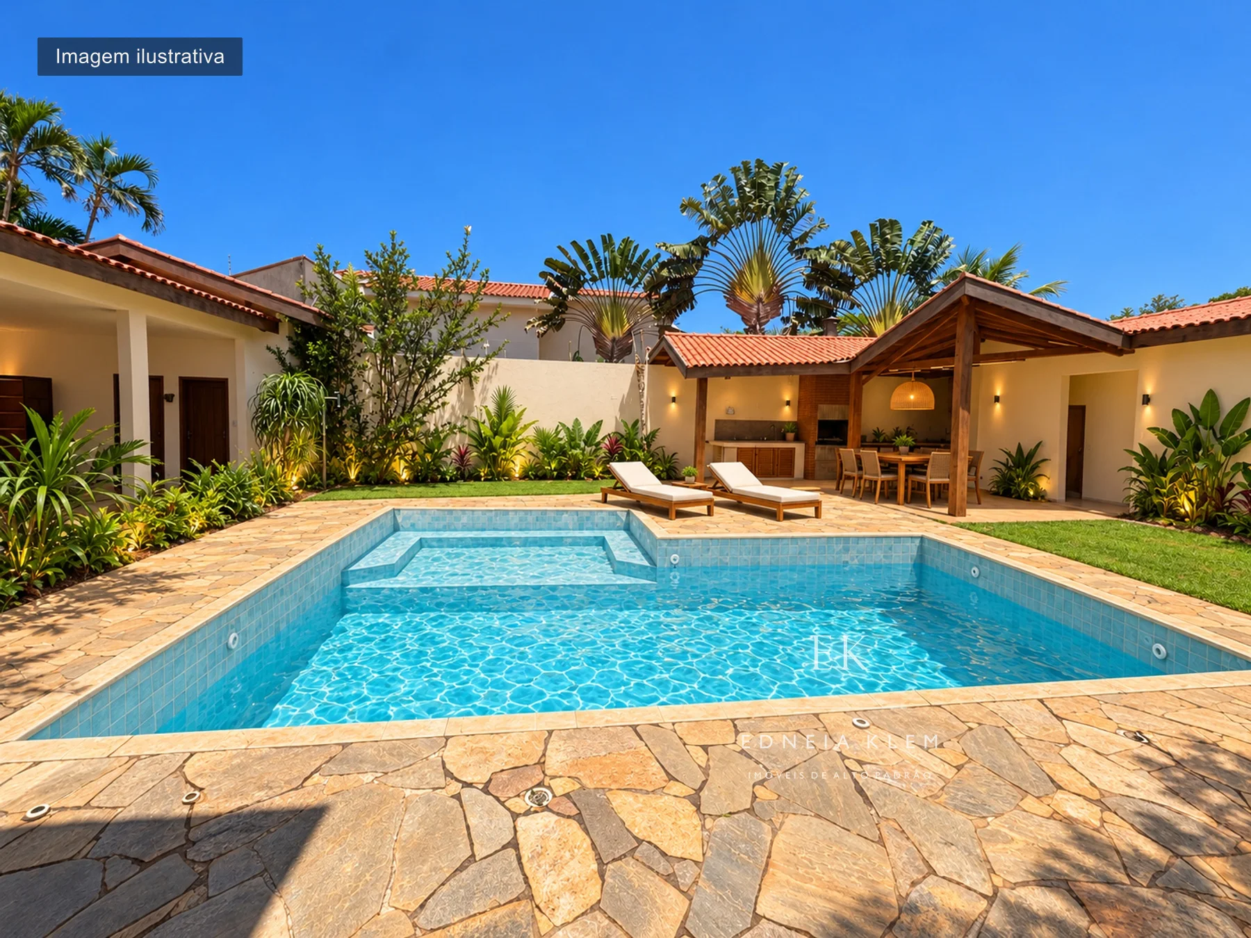 Piscina com prainha e a área gourmet ao fundo — proposta